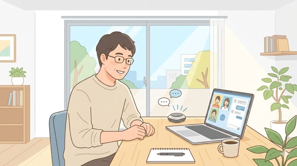 スピーカーフォンでWeb会議をする男性