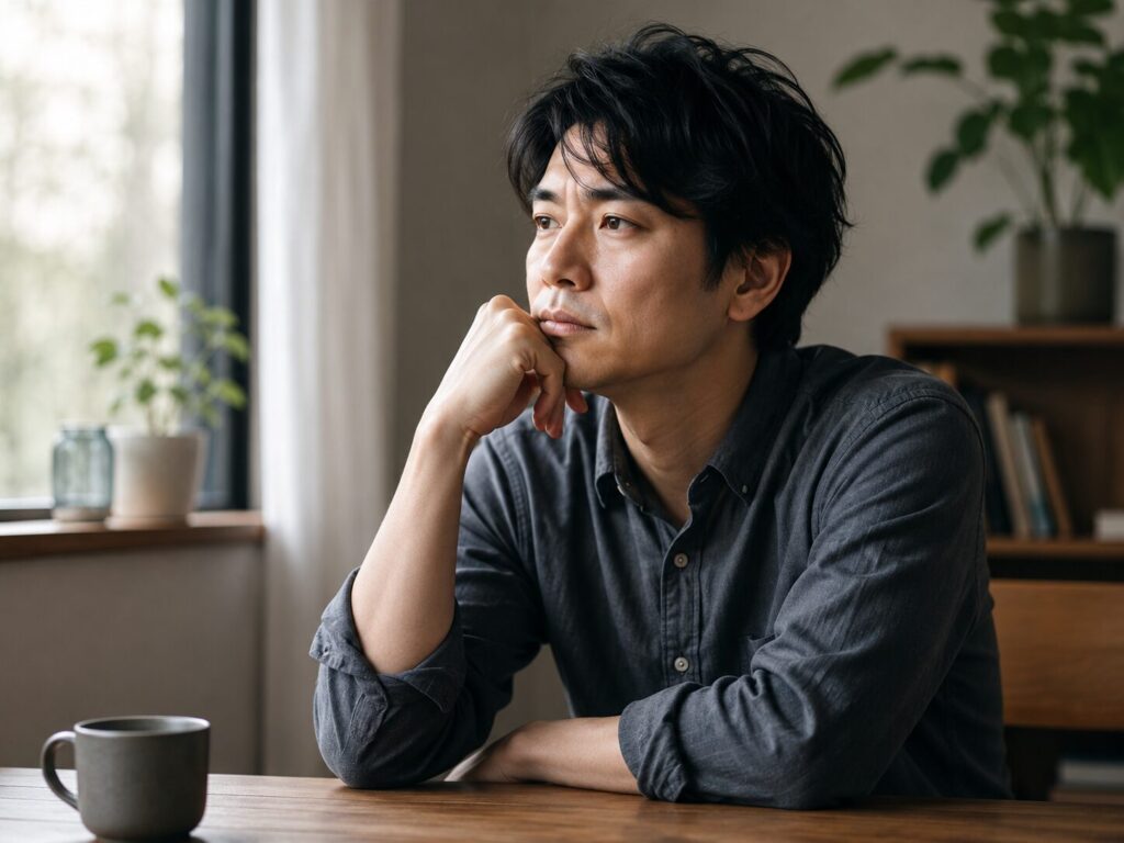 ぼんやりと考え込んでいる30代男性