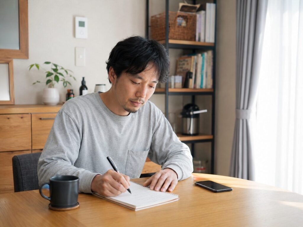 朝にノートを書く男性