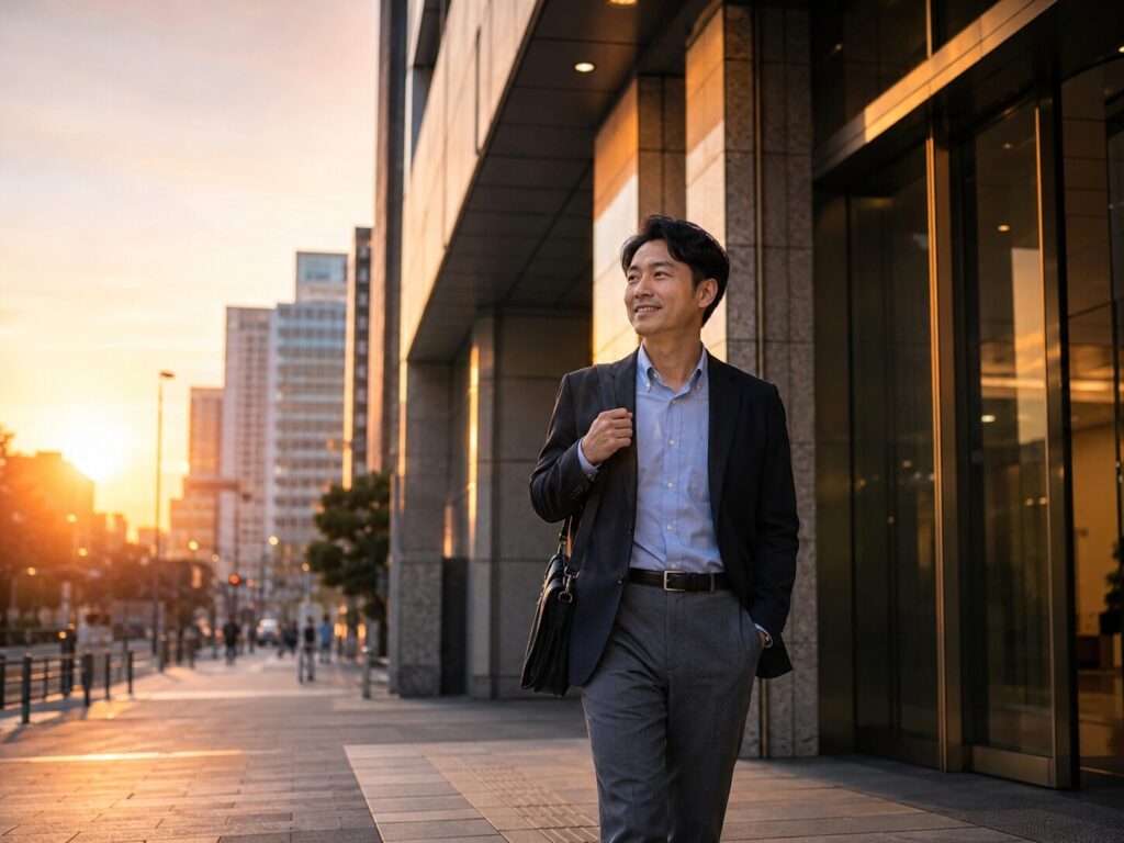 夕暮れ時に帰宅する男性