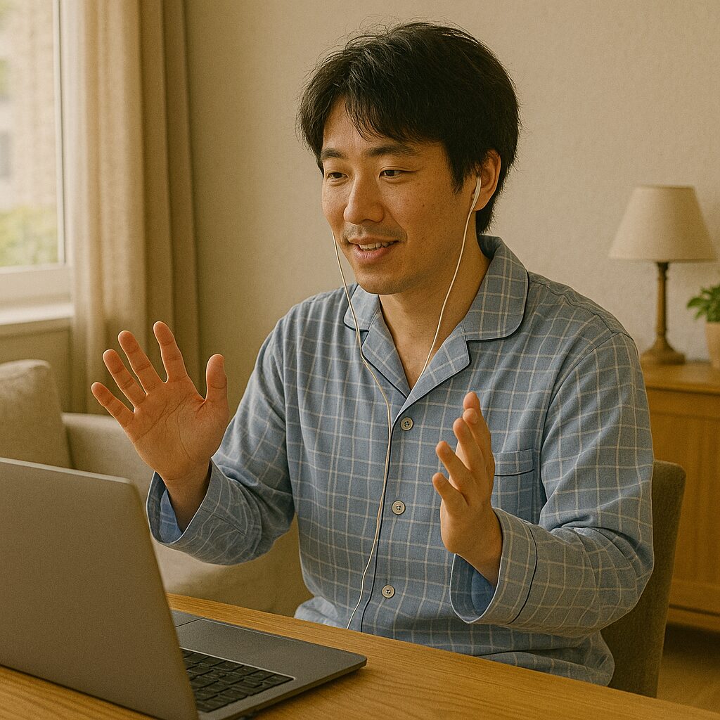 パジャマで在宅勤務する男性