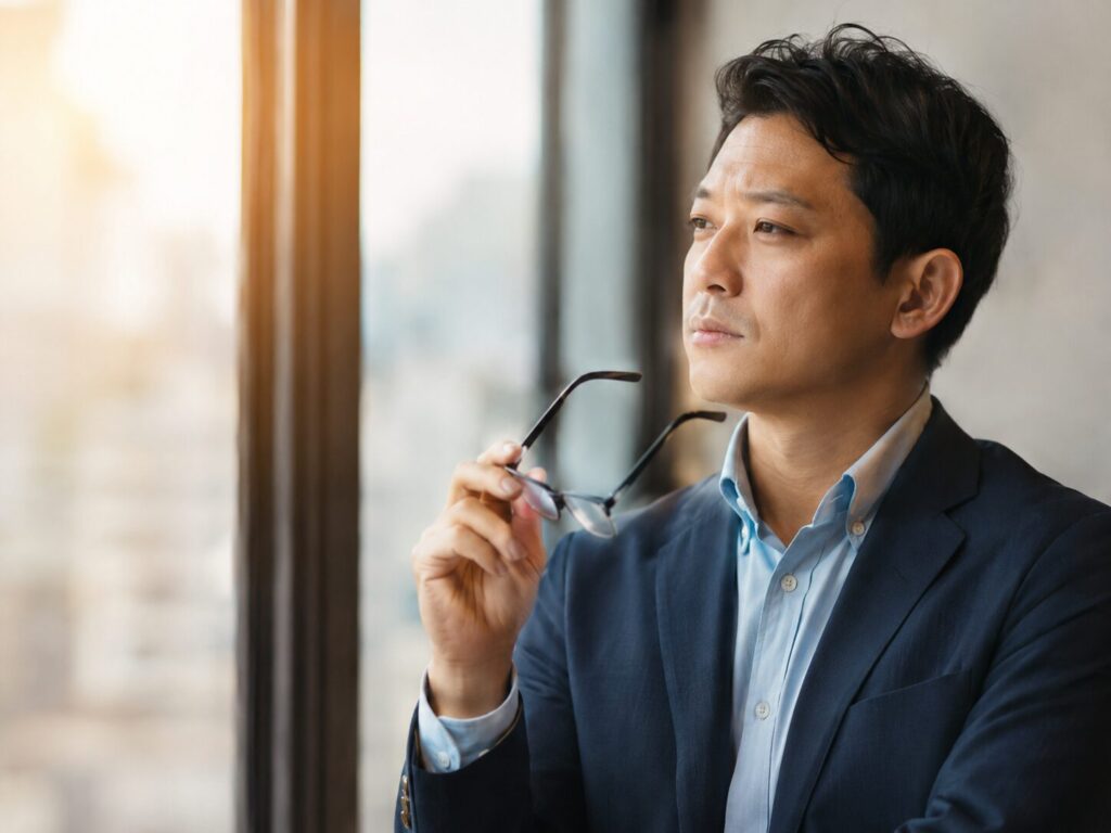 窓辺で考え込む男性
