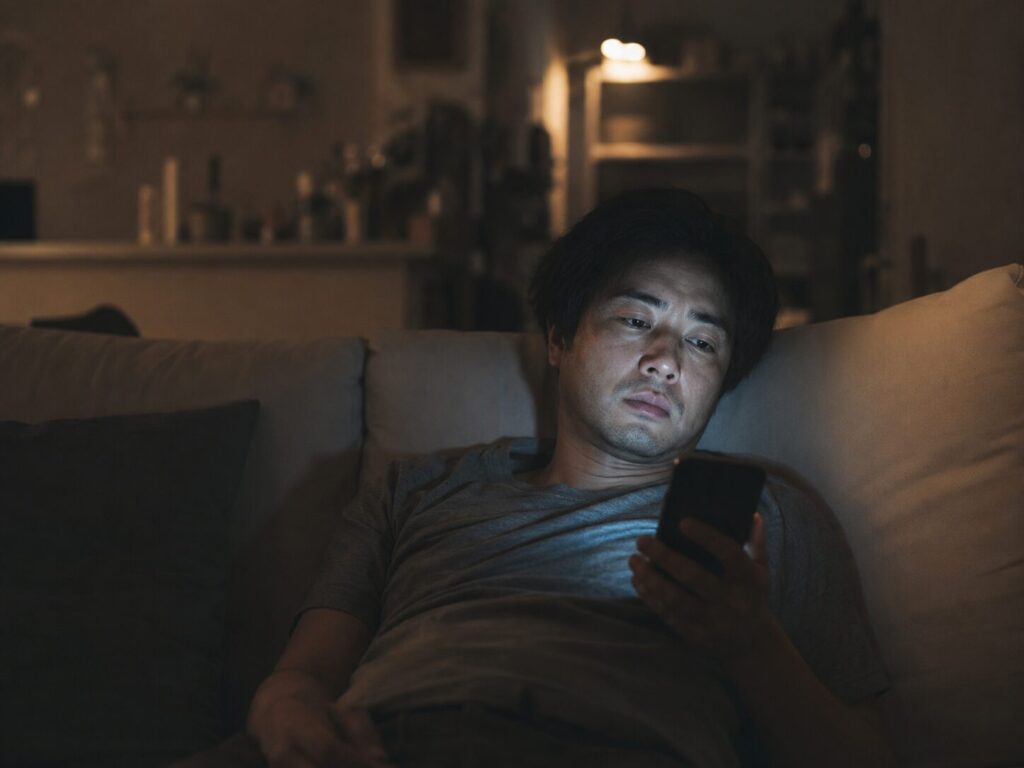 夜遅くソファや机でぐったりしている男性