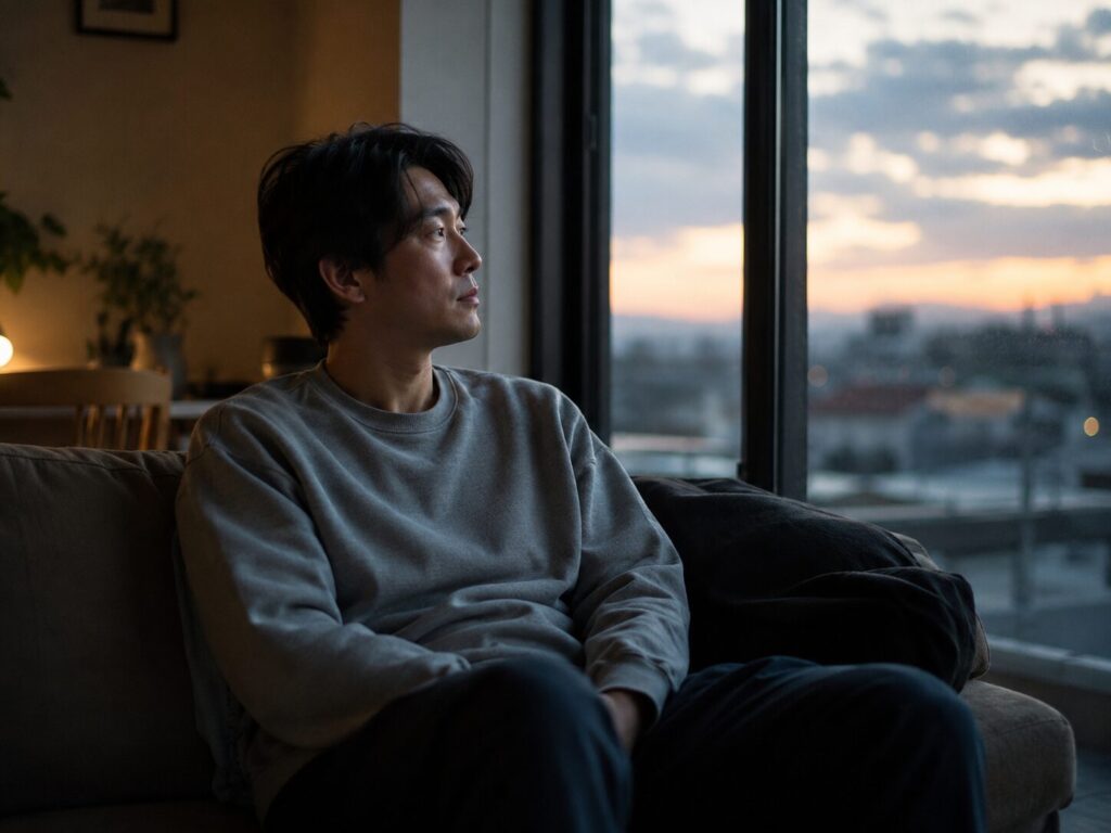 スマホを手放してぼーっとする男性