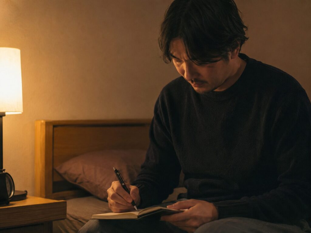 ベッドサイドで何かを書いている男性