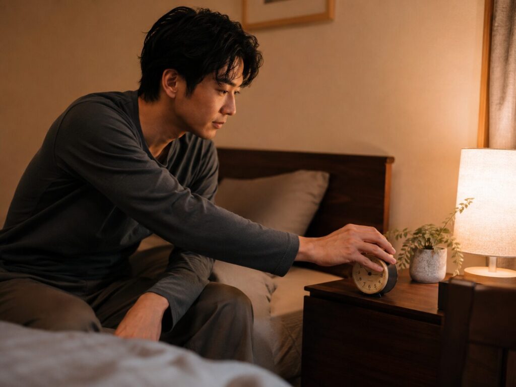覚まし時計をセットしている男性