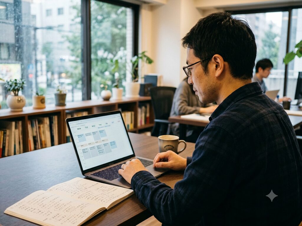 明るいデスクで作業する男性
