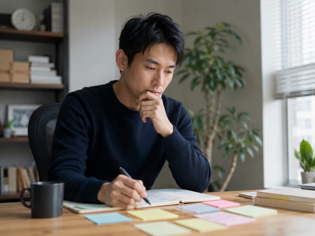 書き出しながら内省する男性