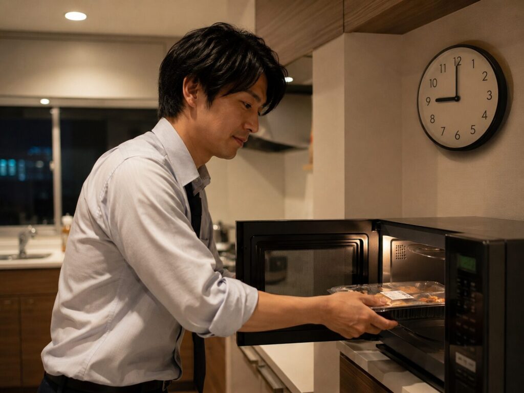 冷凍弁当をレンジにセットする男性
