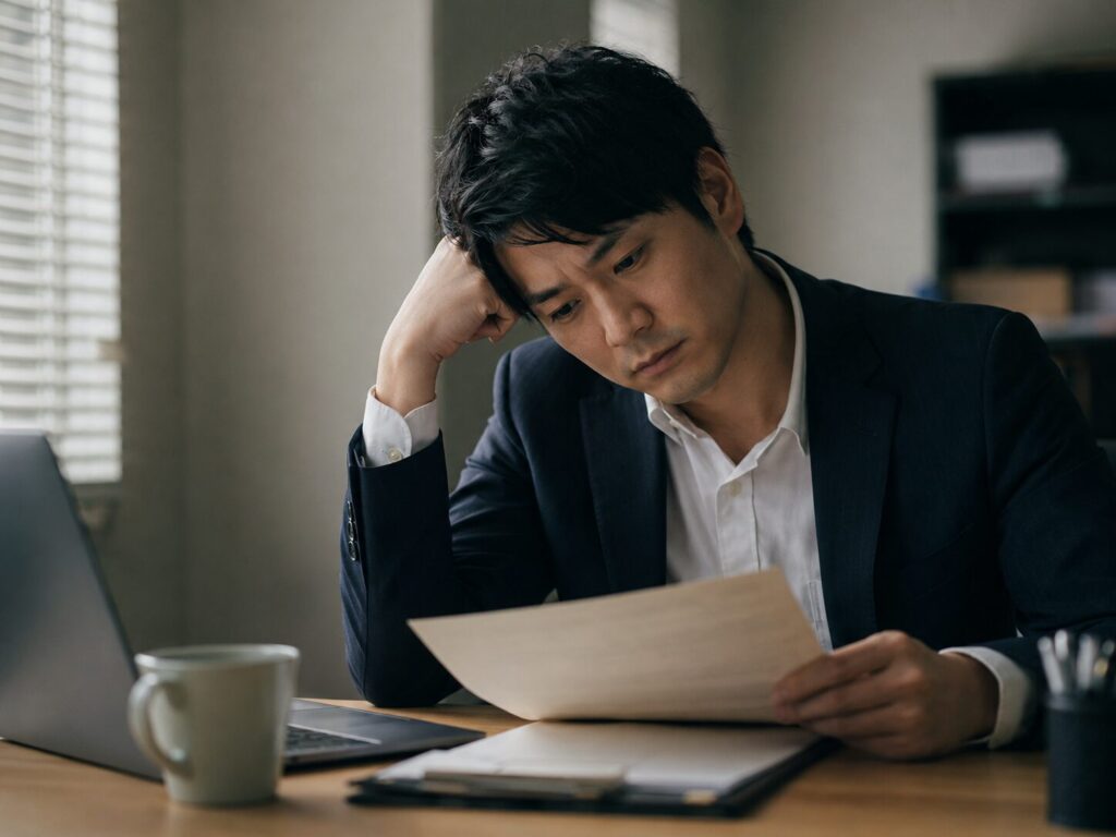 書類に向き合う疲れた会社員