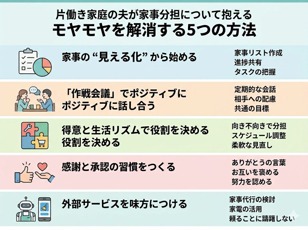 片働き家庭の夫が抱える家事分担のモヤモヤを解消する5つの方法