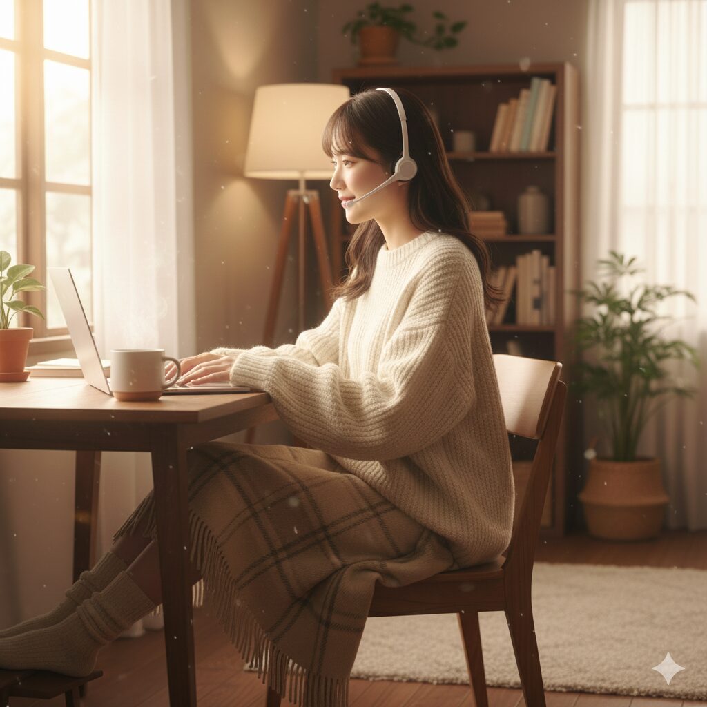 冬に在宅勤務をする女性