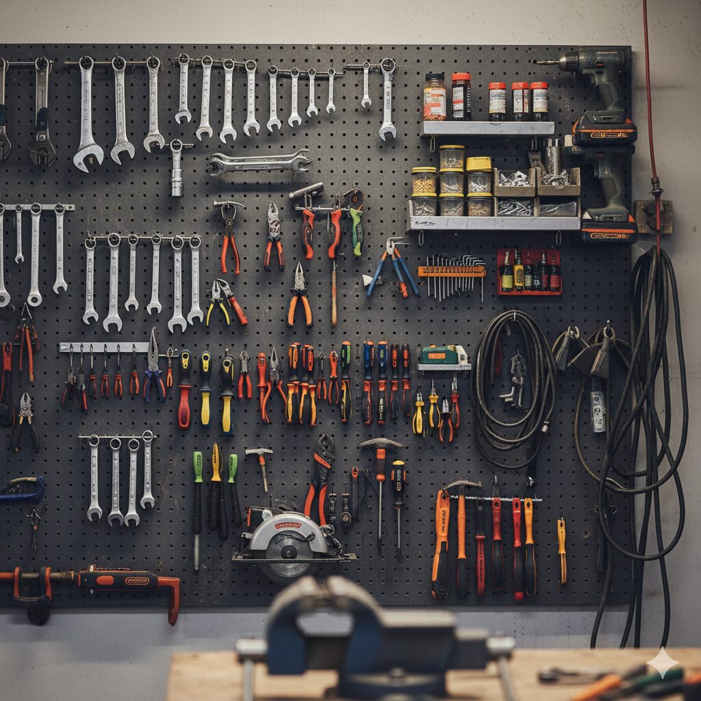 ガレージにかけられた工具