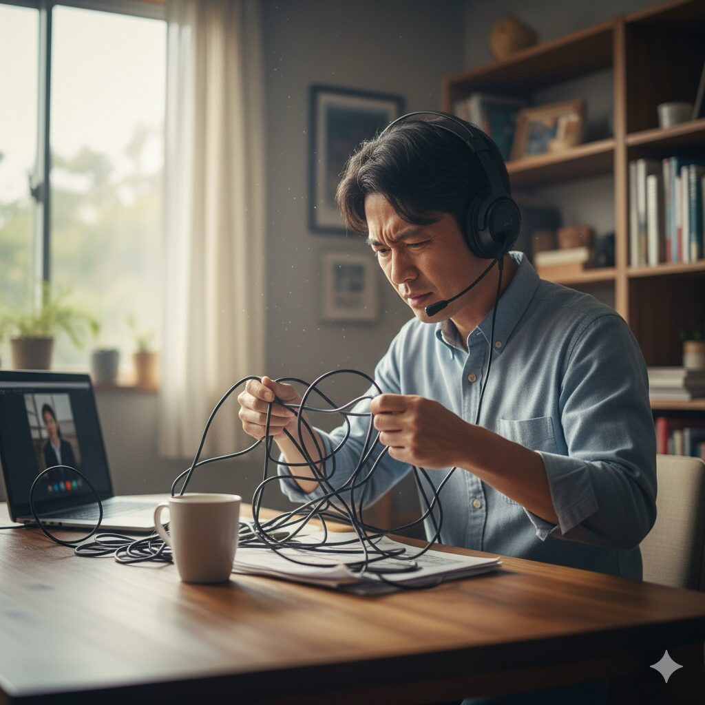 コードが絡まる男性