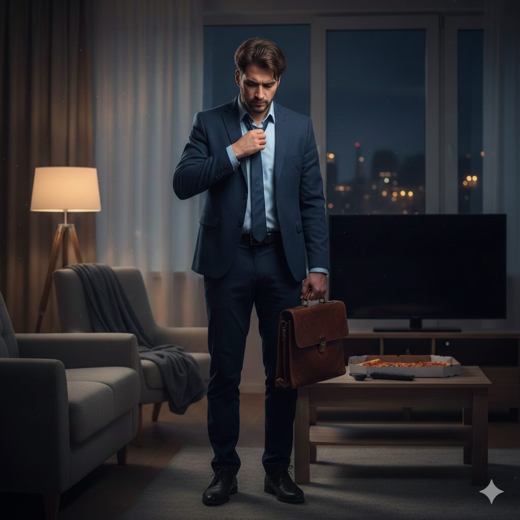 帰宅直後の疲れたサラリーマン