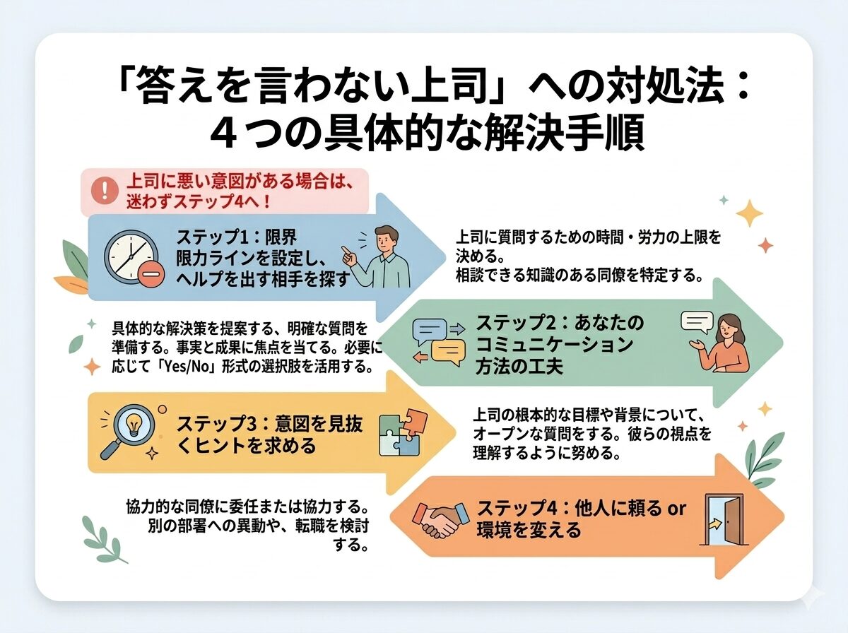 部下に答えを教えない上司｜具体的な解決手順4ステップ