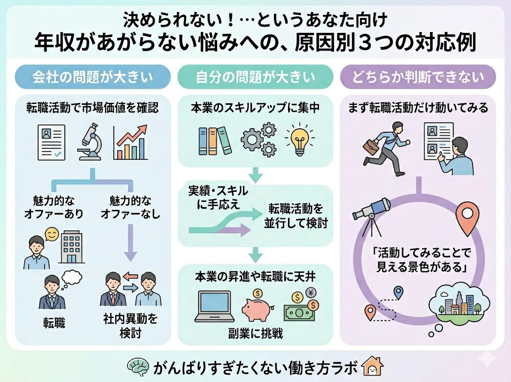 年収が上がらない悩みへの原因別3つの対応例