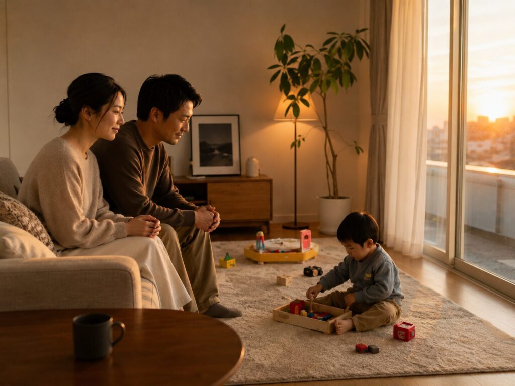 夕暮れどきに子どもを眺める夫婦