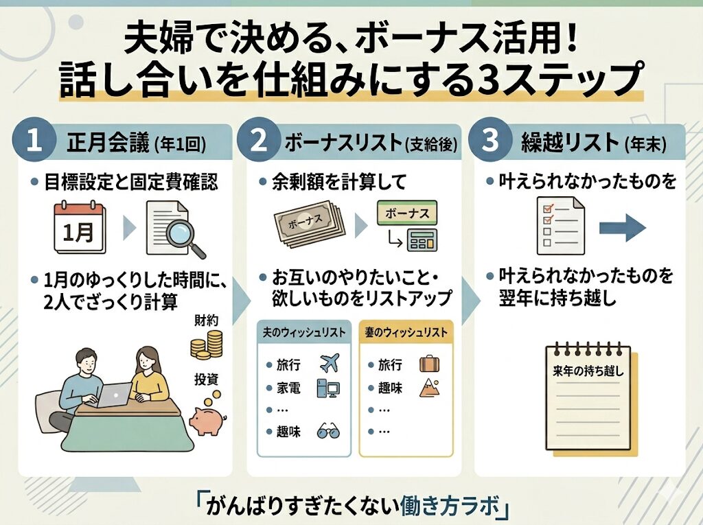 ボーナス活用|話し合いを仕組みにする3テップ