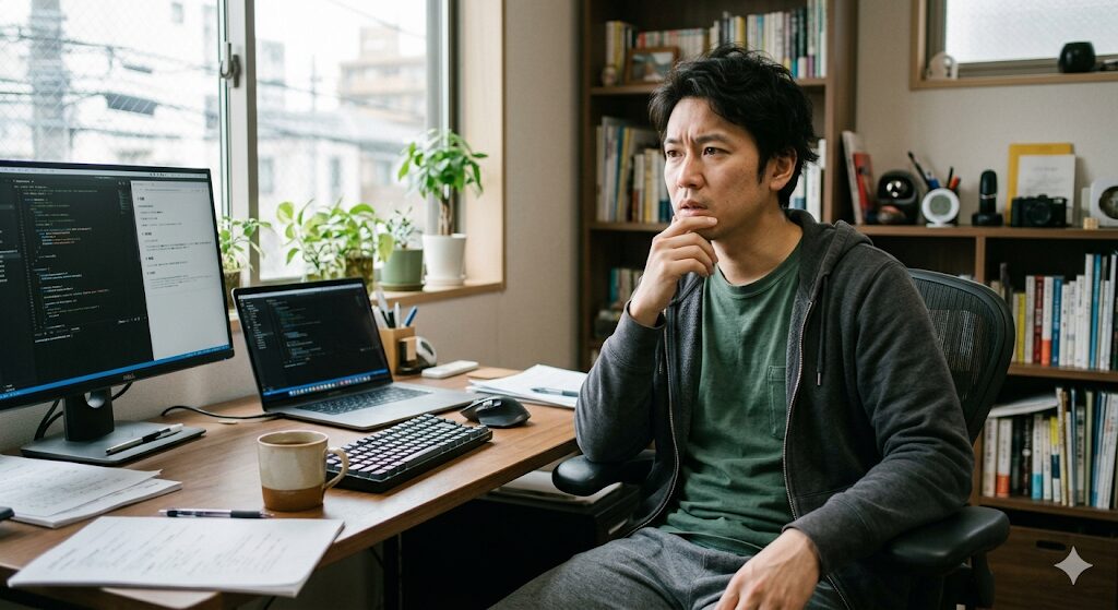 デスクで悩む男性