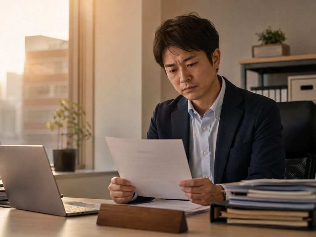 給与明細をデスクで確認している会社員