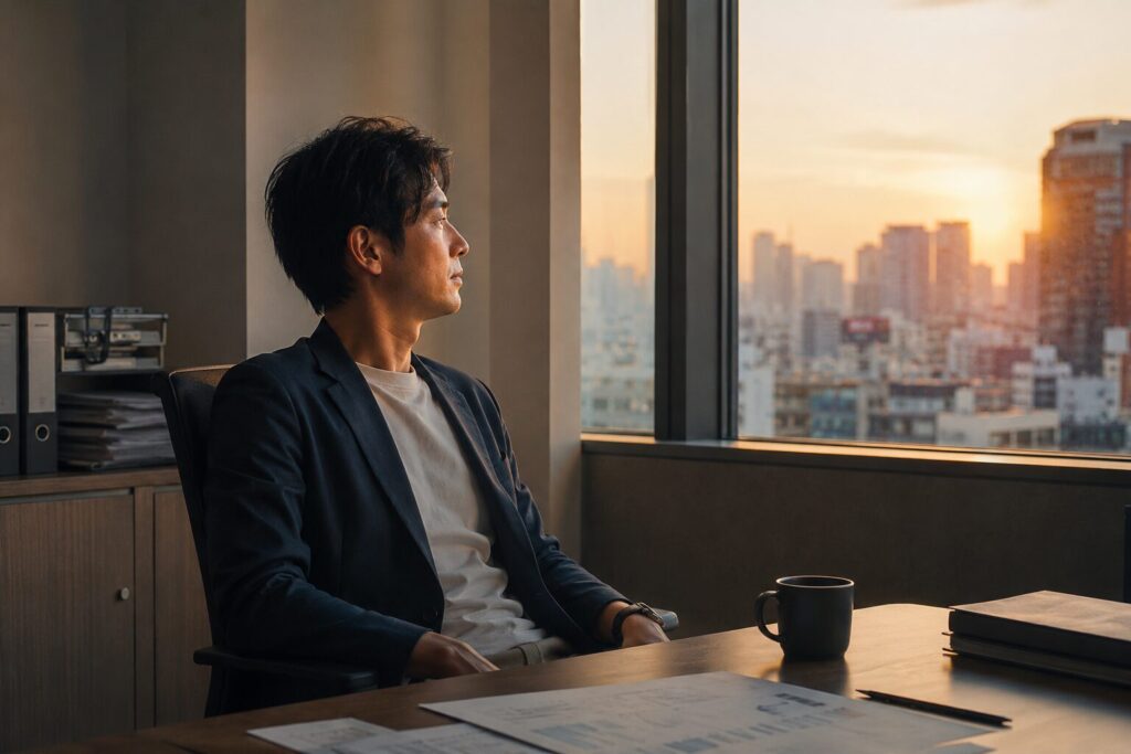 少し疲れた表情で椅子にもたれる会社員