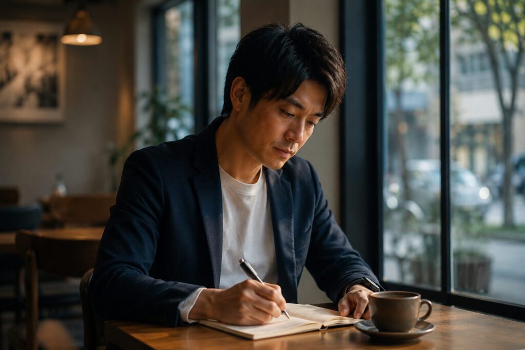 手帳やノートに自分のキャリアを書き出している男性