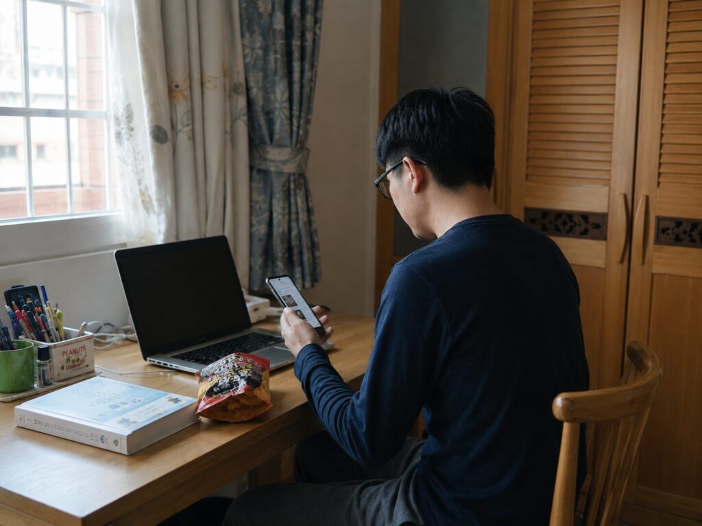 在宅勤務中、スマホをいじる男性