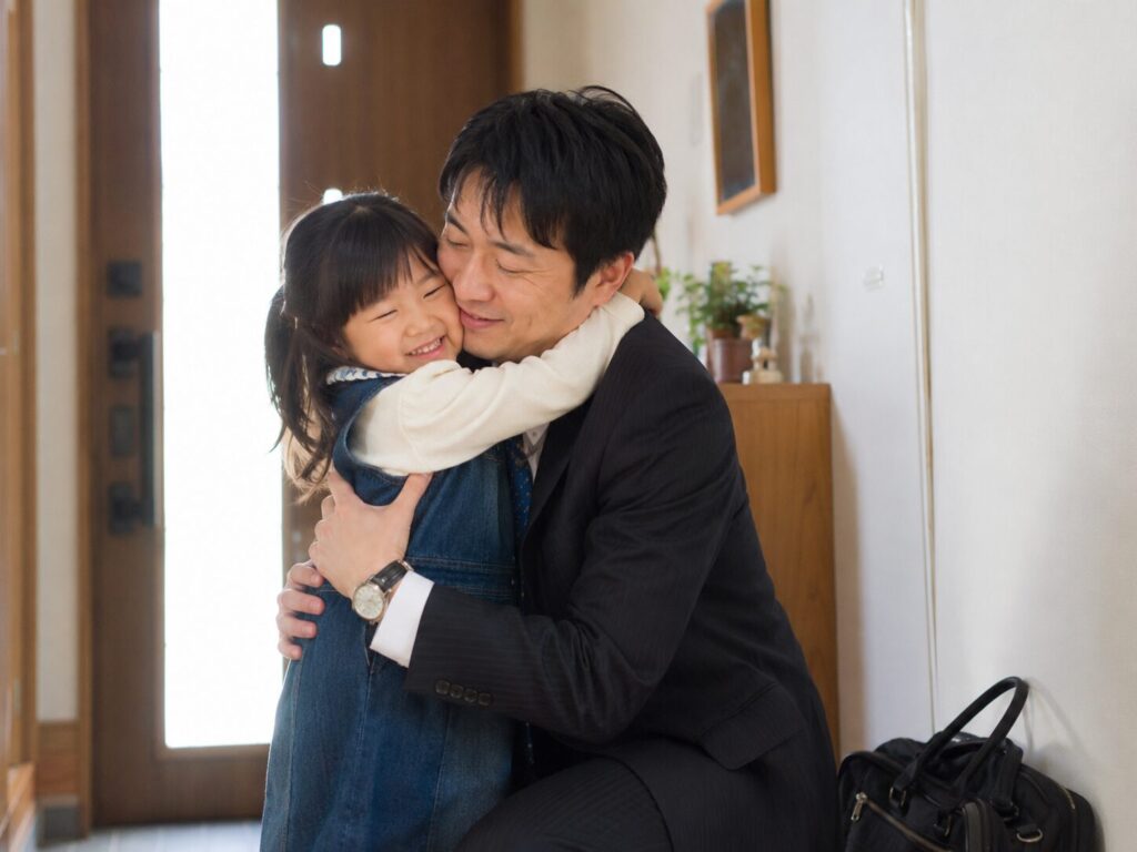 玄関で娘と抱き合う男性
