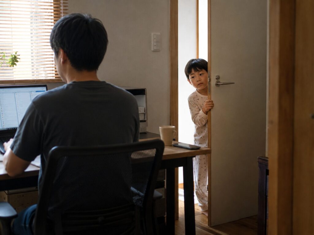 目が覚めて仕事部屋を覗く子供
