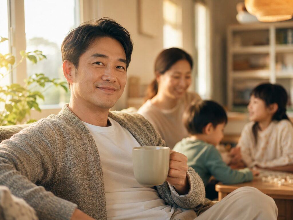 一息つく父親と賑やかな家族