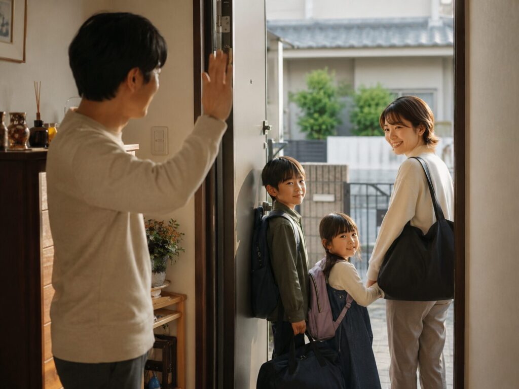 妻子を見送る父親