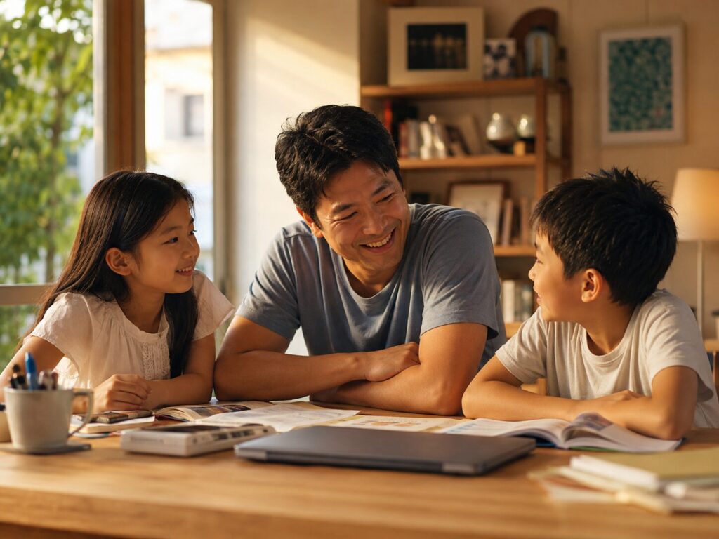 二人の子どもと笑い合う父親