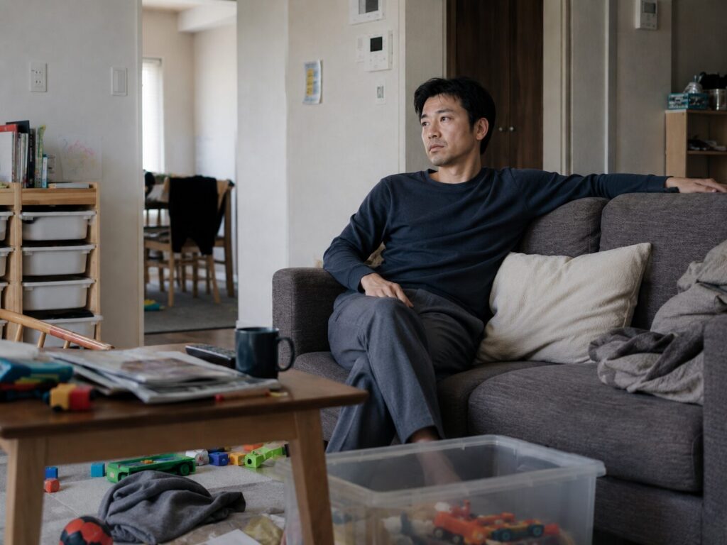 ソファでくつろげず浮かない表情の父親