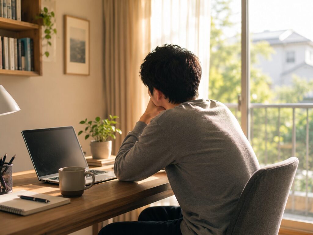 頬杖をついてPCから視線を外す男性