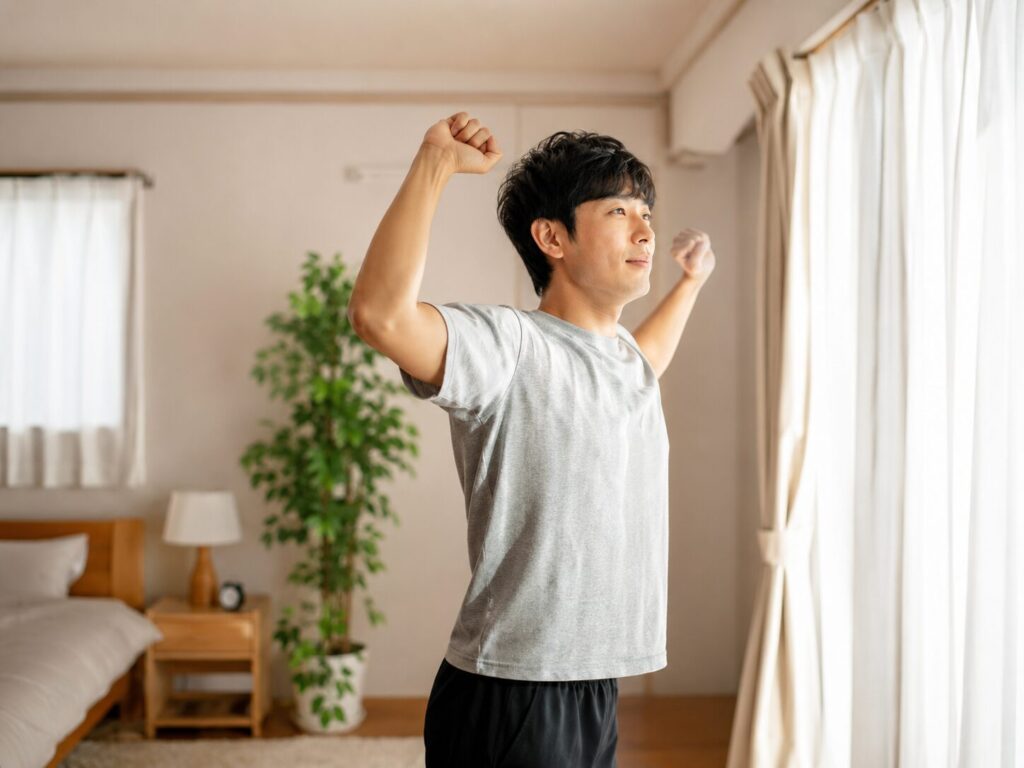 窓際でストレッチする男性