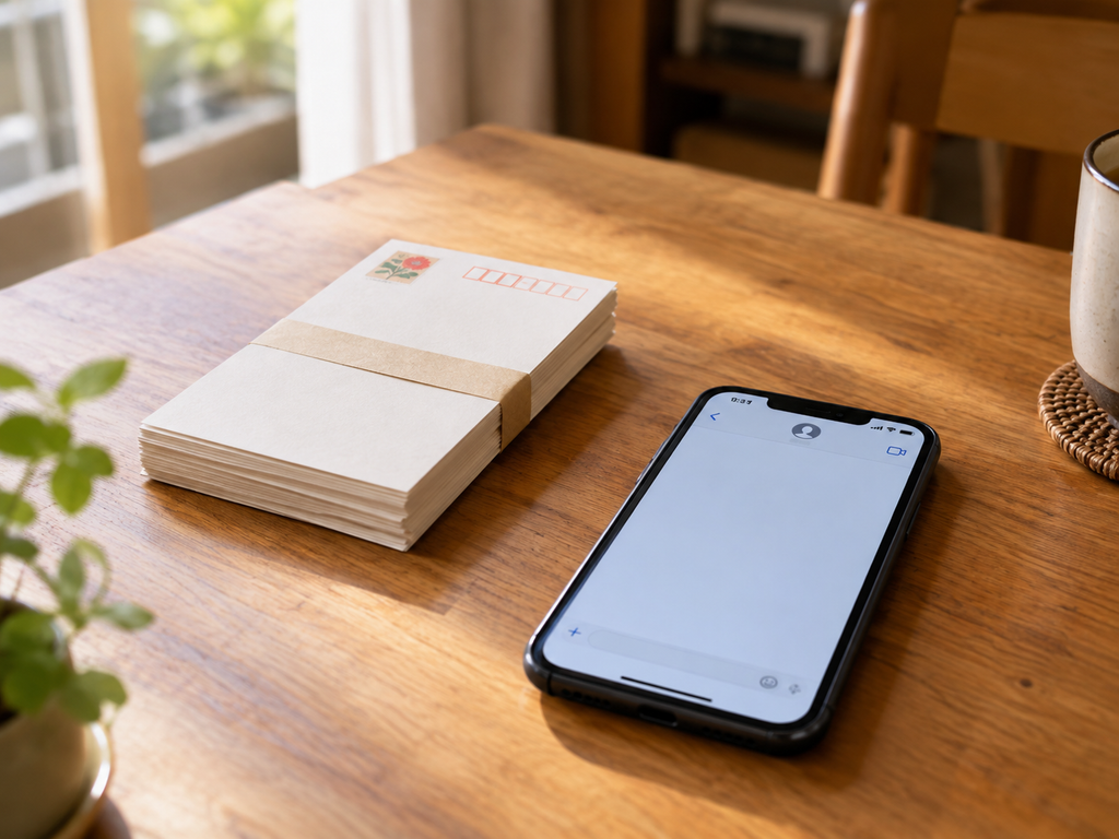束になった年賀状とスマホ