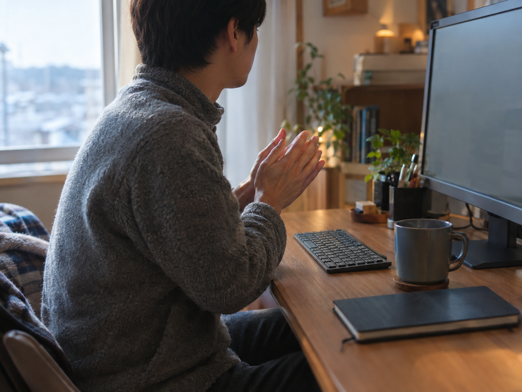 デスクで手をこすり合わせる男性