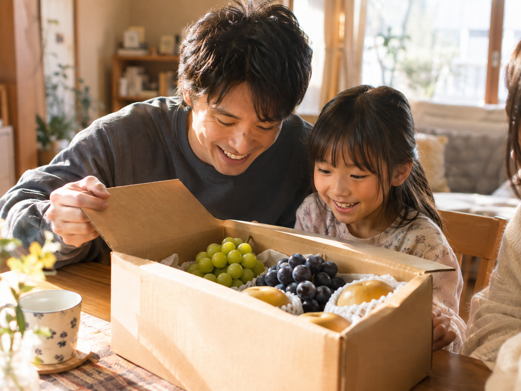 フルーツの詰め込まれた段ボールを開ける家族
