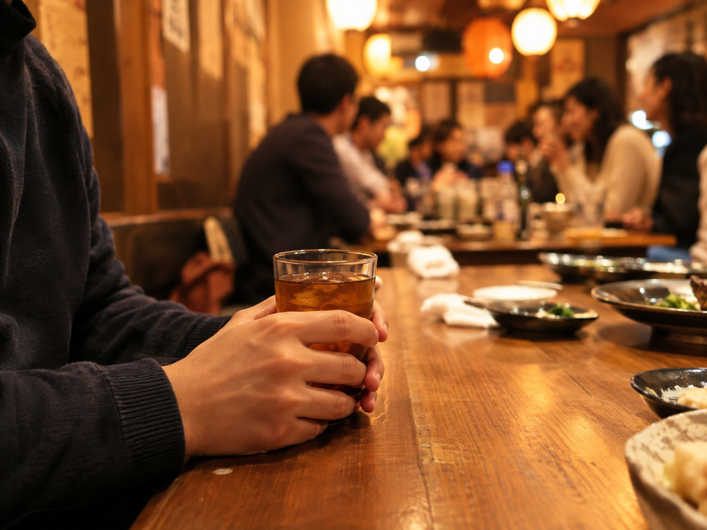 にぎやかな席から少し離れた位置で、グラスを持つ手元