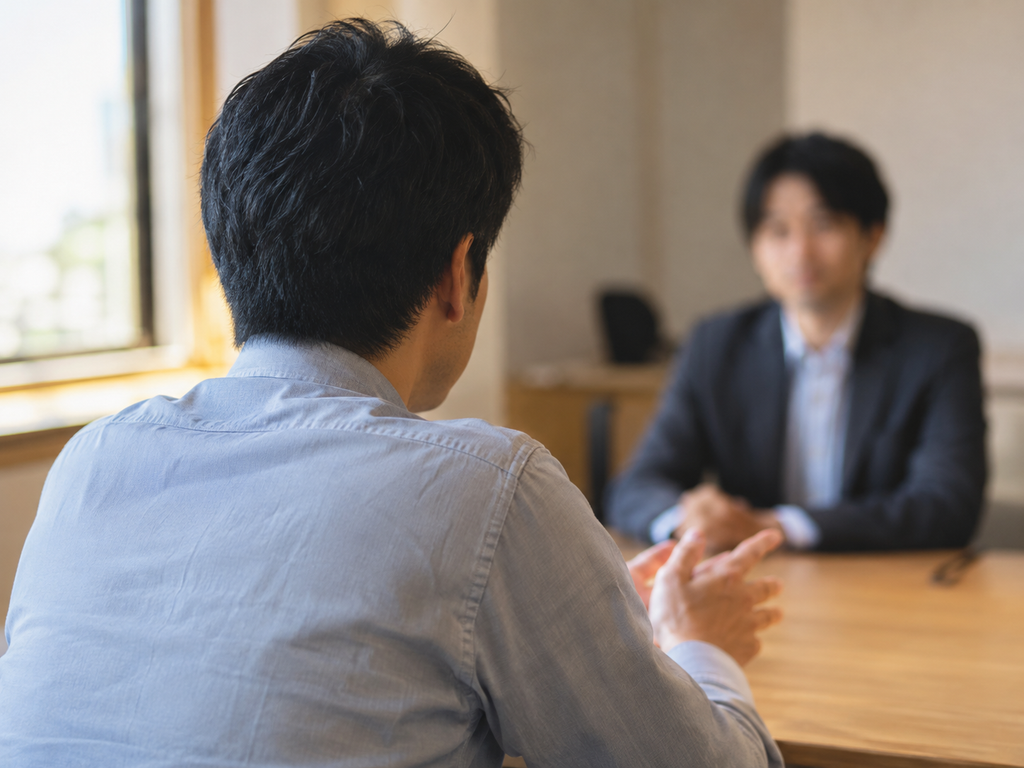 面談で言葉に詰まる男性の後ろ姿
